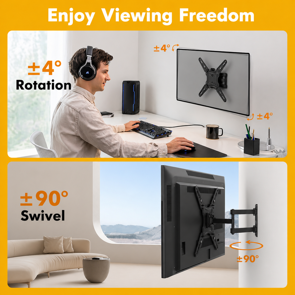 GRIFEMA Support Mural TV 26-65 Pouces - Fixation Murale TV Peut Contenir Jusqu'à 35KG, Accroche Television Mural Orientable