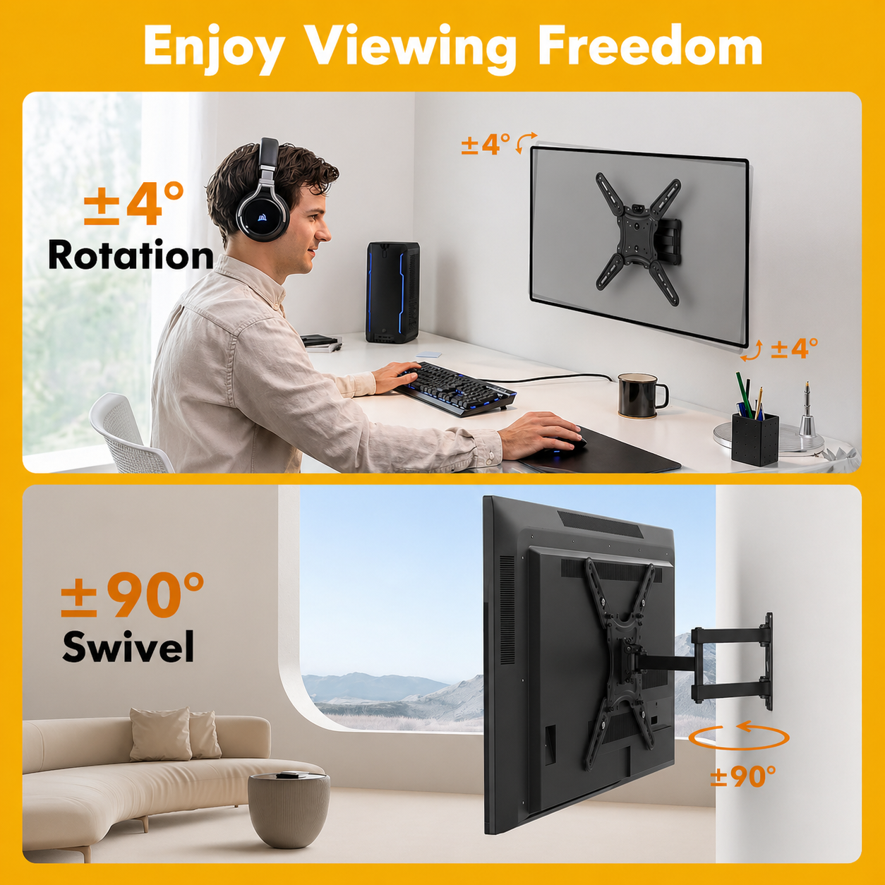 GRIFEMA Support Mural TV 26-65 Pouces - Fixation Murale TV Peut Contenir Jusqu'à 35KG, Accroche Television Mural Orientable